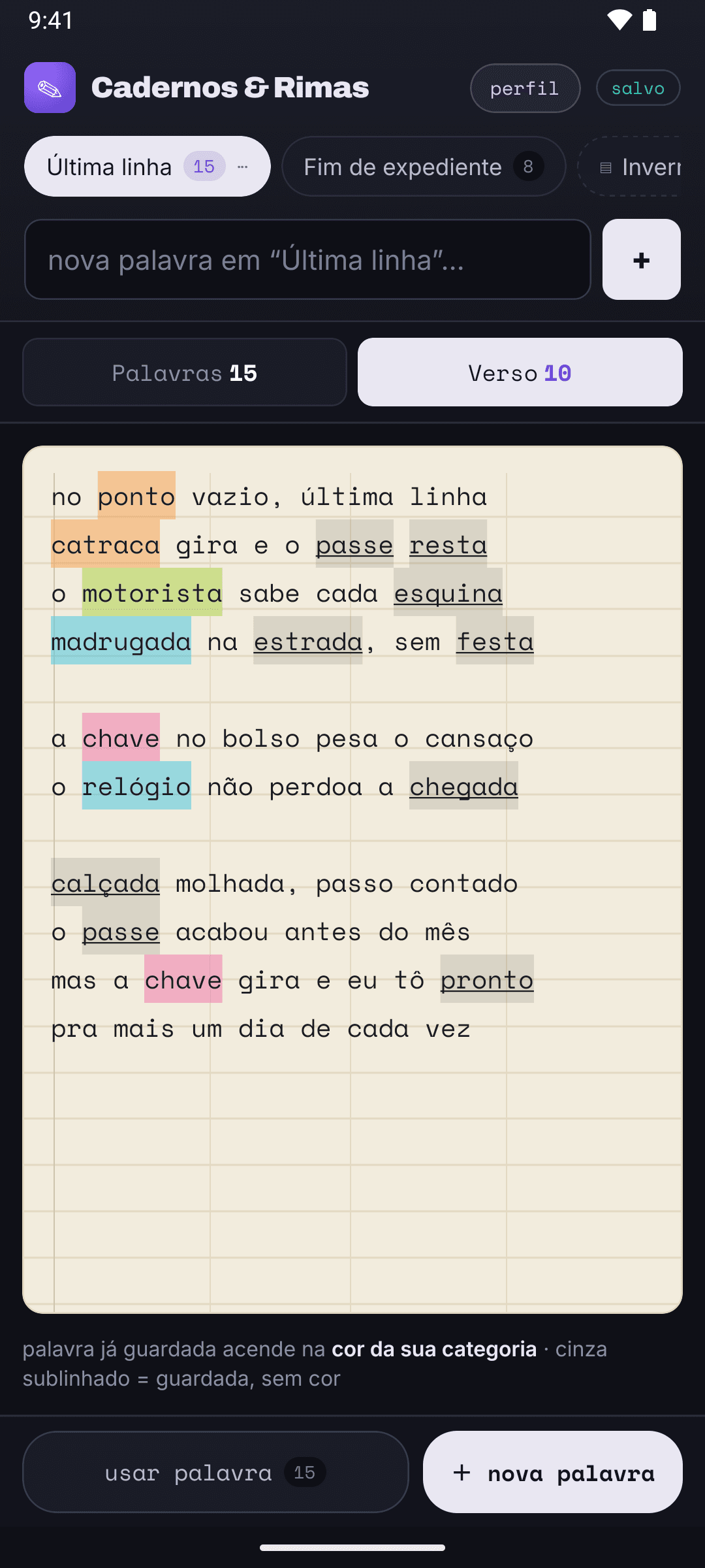 Aba Verso: dez linhas de letra escritas para a demonstração numa folha pautada com quatro guias verticais de tempo. As palavras já guardadas aparecem marcadas na cor da categoria: “ponto” e “catraca” em laranja, “motorista” em verde, “madrugada” e “relógio” em azul, “chave” em rosa. As guardadas sem categoria, como “passe”, “estrada” e “festa”, ficam em cinza sublinhado.