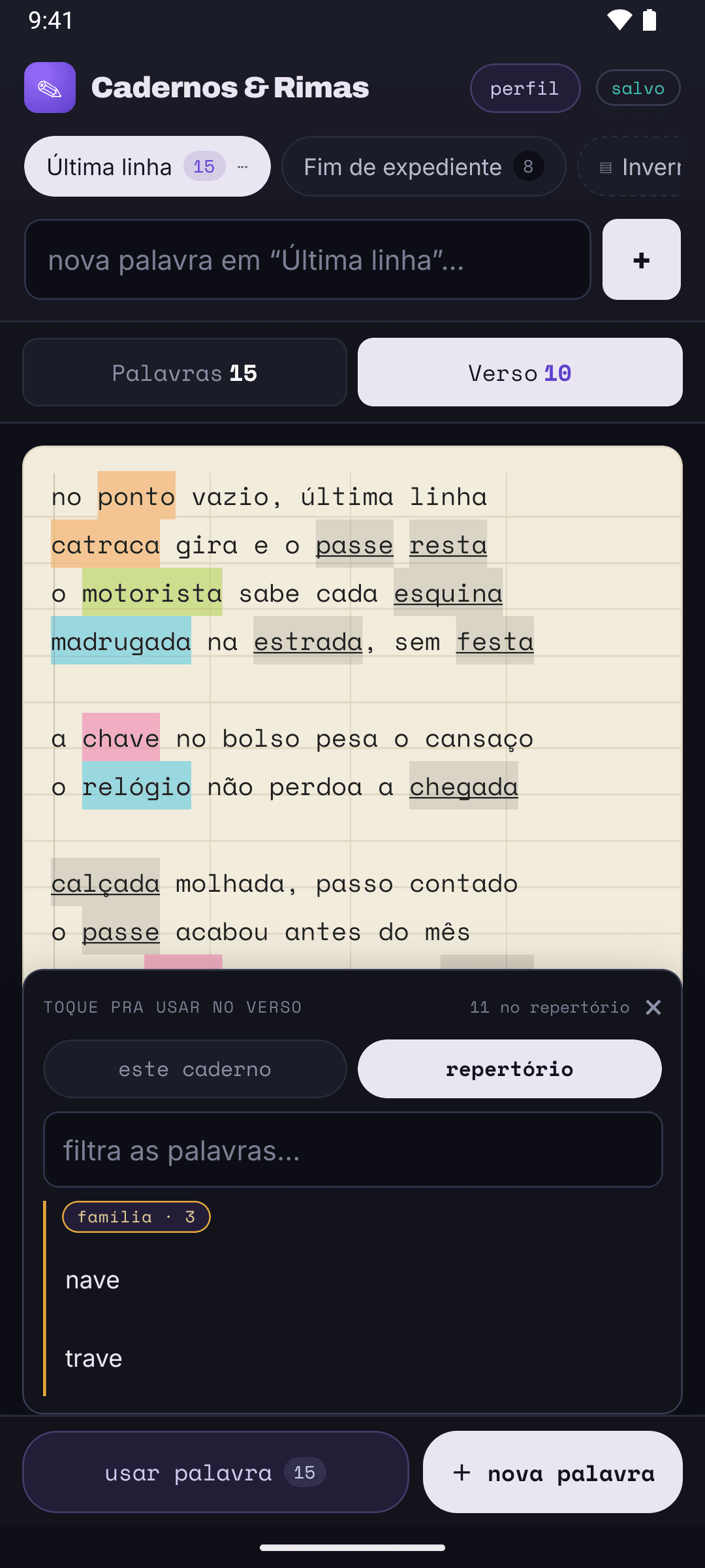 Aba Verso com o balão “usar palavra” aberto sobre a folha. O seletor está em “repertório”, com 11 palavras, e mostra a família de rima de “chave”, com “nave” e “trave” visíveis, e um campo para filtrar. A letra continua visível atrás do balão.