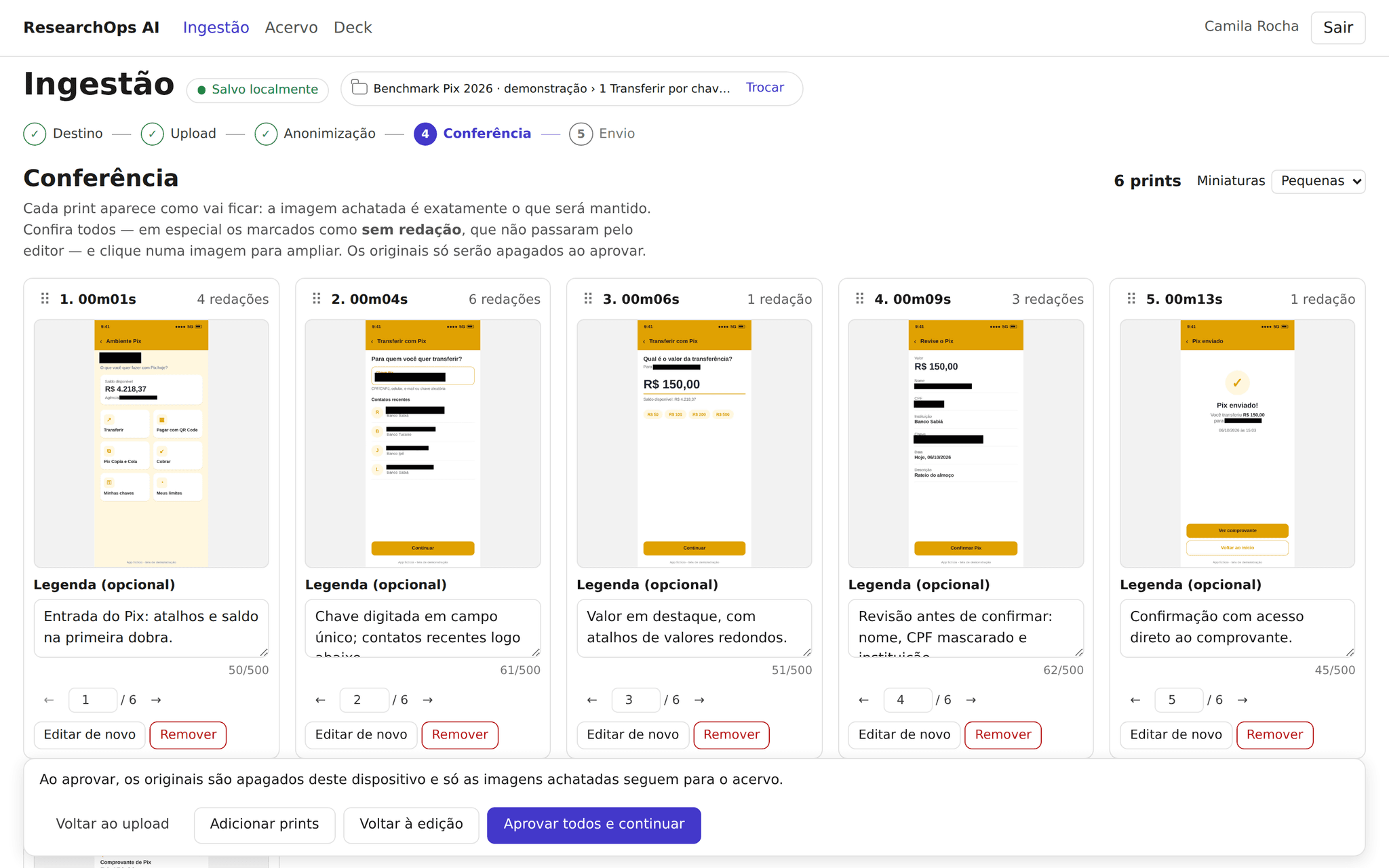 Etapa Conferência com cinco prints na versão final: nomes, CPF, chave Pix e contatos aparecem sob tarjas pretas sólidas. Cada cartão mostra quantas redações o print tem e a legenda escrita. A barra do rodapé avisa que, ao aprovar, os originais são apagados do dispositivo.