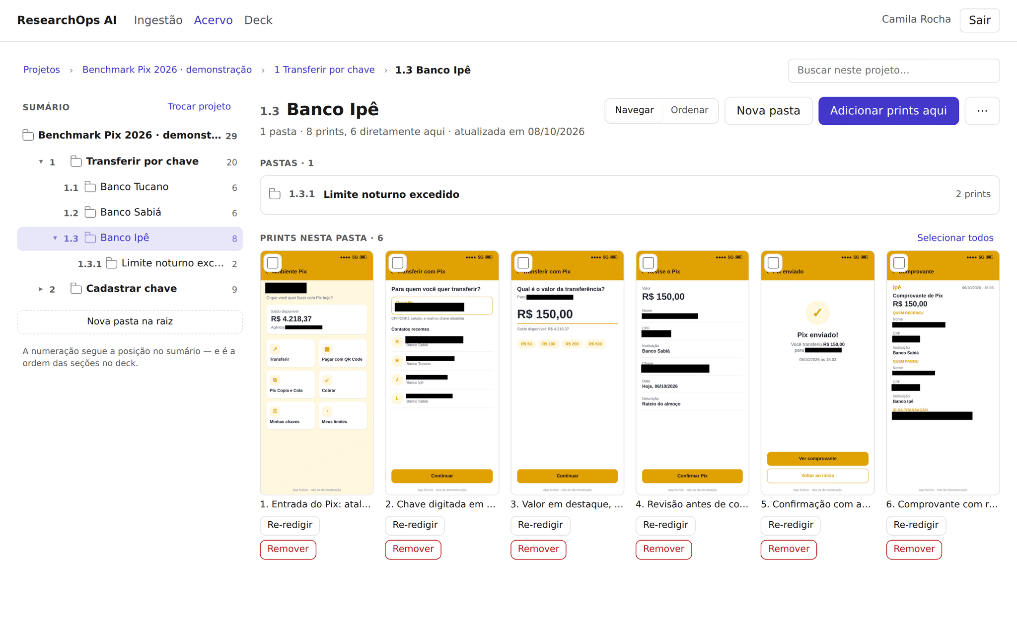 Acervo do projeto Benchmark Pix 2026 · demonstração. À esquerda, o sumário em árvore com pastas numeradas por jornada e por banco fictício e a contagem de prints; à direita, a pasta 1.3 Banco Ipê com uma subpasta e seis prints tarjados, cada um com a legenda e as ações Re-redigir e Remover.