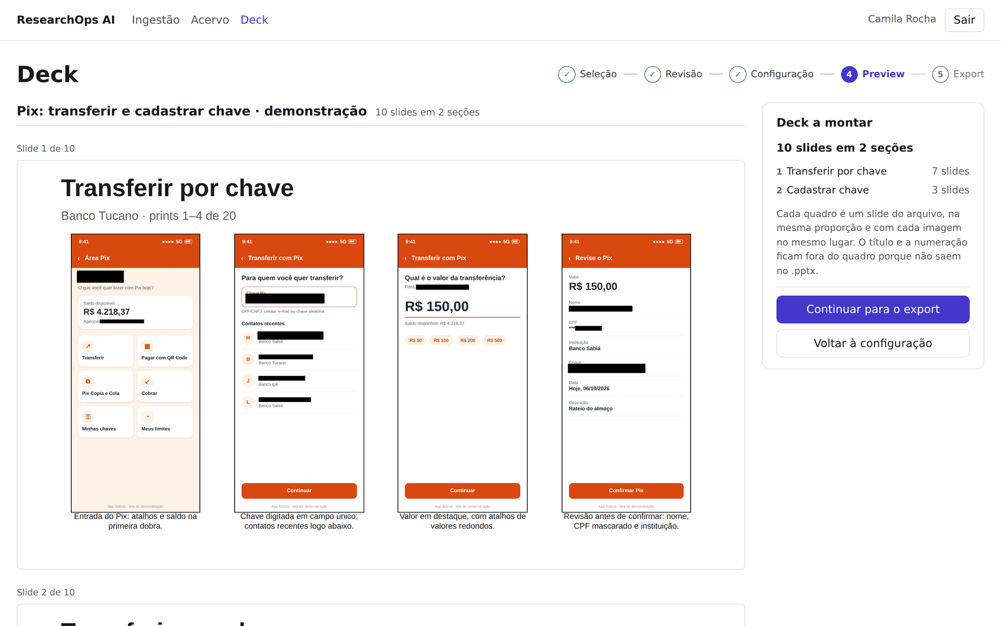 Preview do deck Pix: transferir e cadastrar chave · demonstração, com 10 slides em 2 seções. O slide 1, em 16:9, traz o título da seção Transferir por chave, a pasta Banco Tucano e quatro prints de celular tarjados, com borda fina, lado a lado, e a legenda centralizada embaixo de cada um.