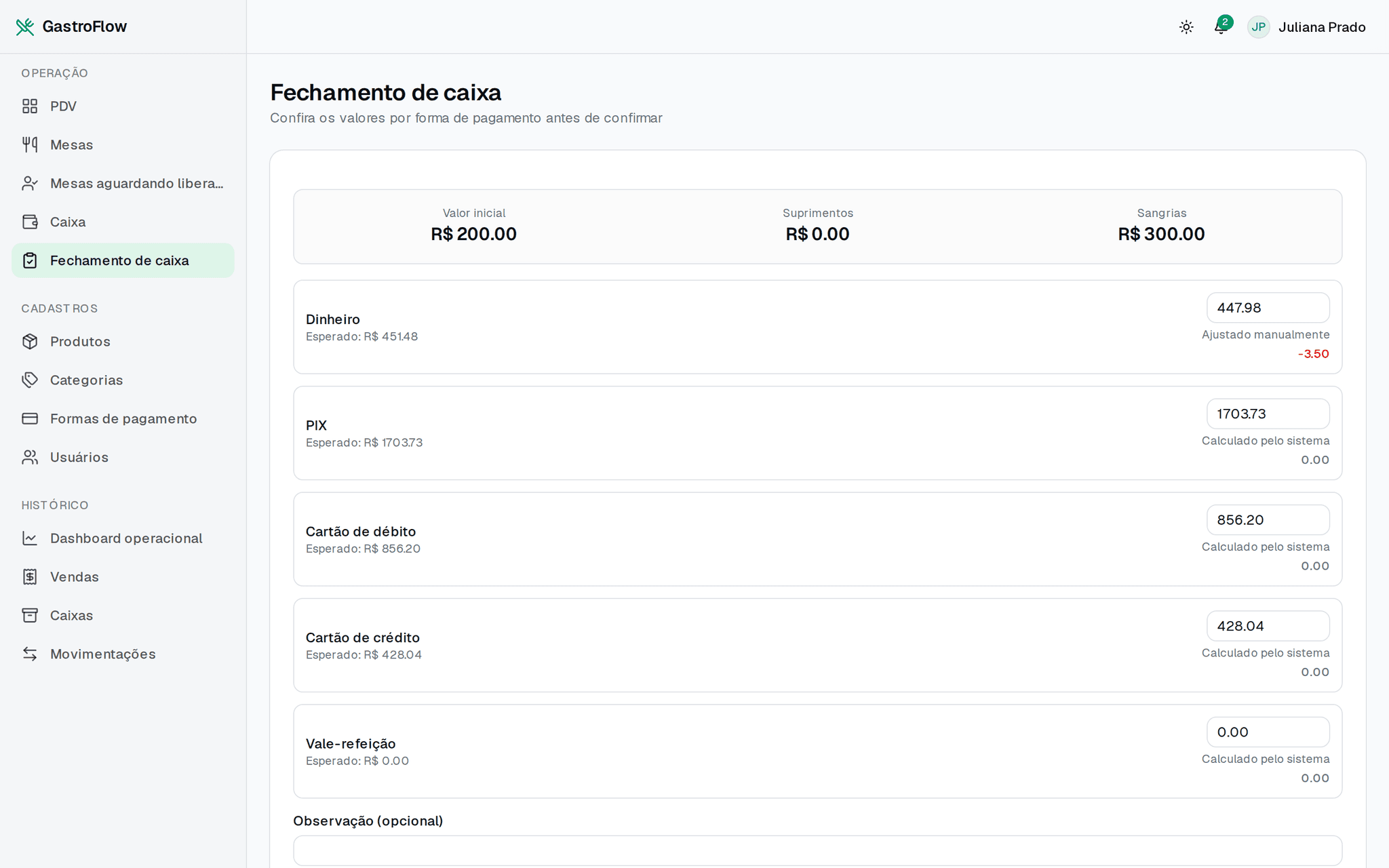 Fechamento de caixa com uma linha por forma de pagamento, mostrando o valor esperado e o campo do valor contado. No dinheiro, esperado de R$ 451,48 e informado de R$ 447,98, marcado como ajustado manualmente, com diferença de -3,50 em vermelho; as demais formas batem.